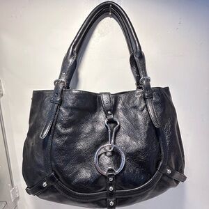 DKNY Black Leather Shoulder Bag with Silver Ring Accent